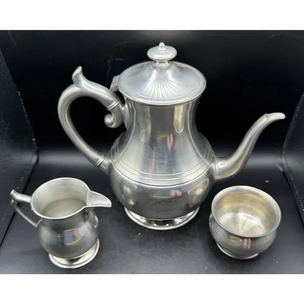 Vintage Woodbury Pewter 3 Piece Teapot Cream and Open Sugar Bowl USA EUC